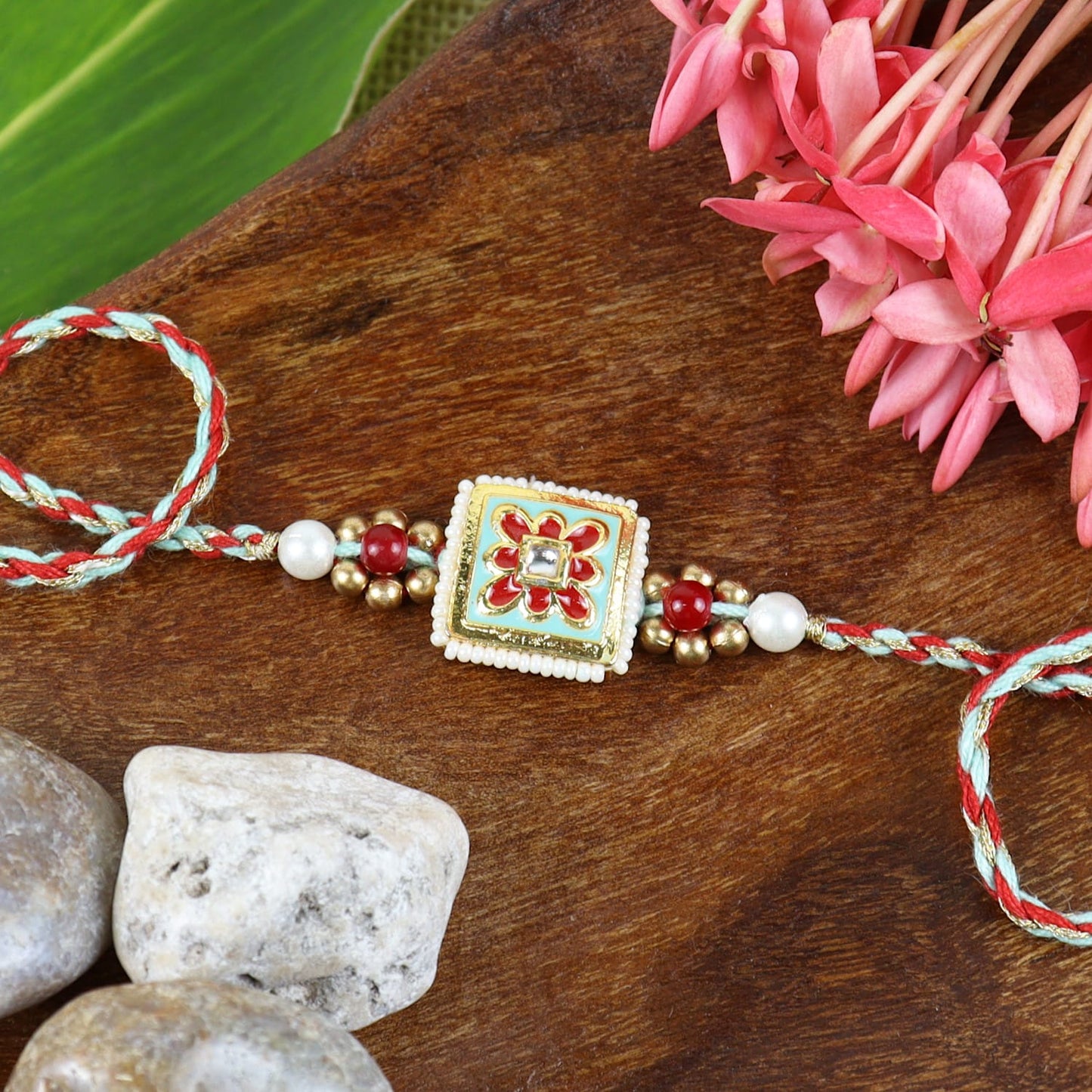 Meena Kundan Stone Rakhi in Greeting Card with Roli Chawal