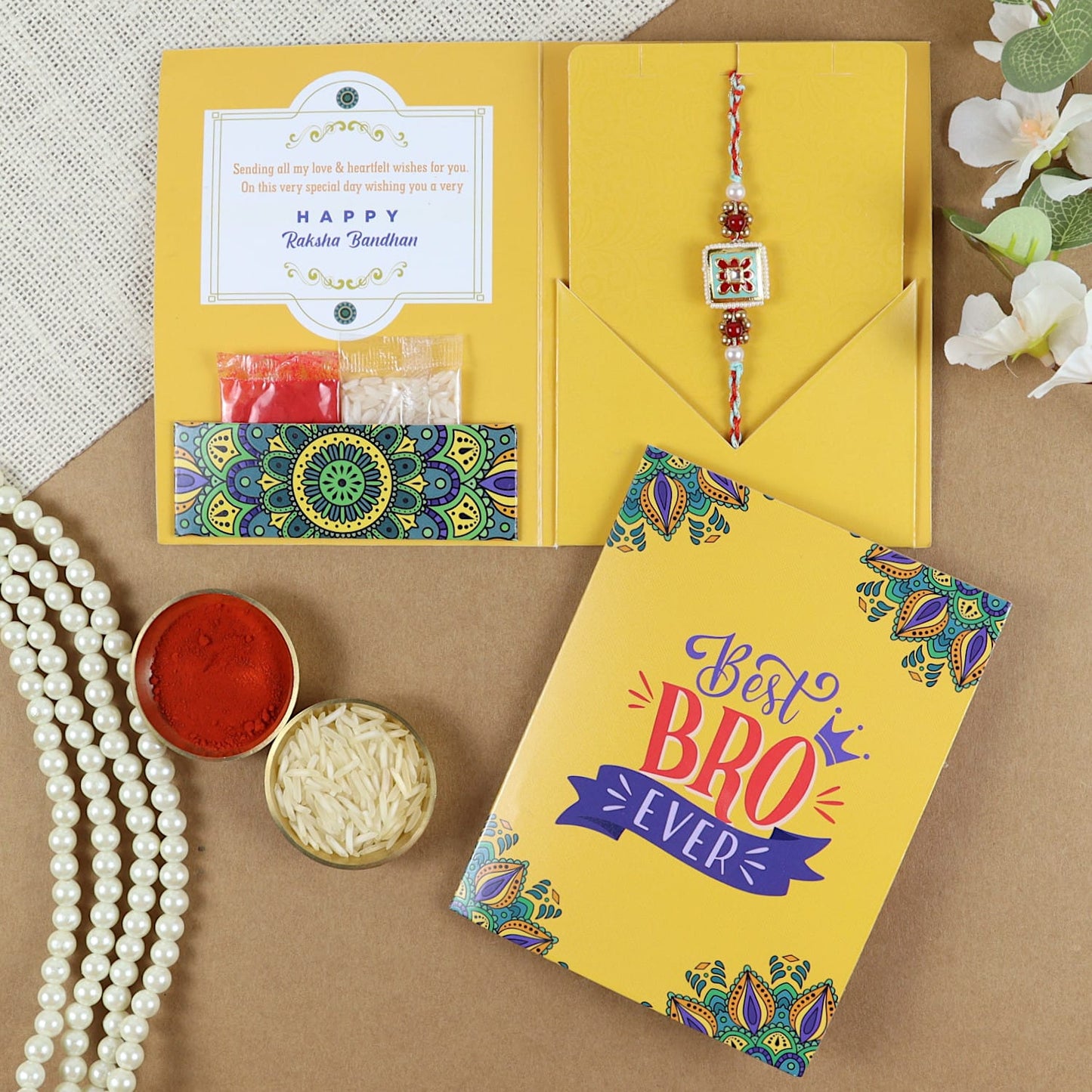 Meena Kundan Stone Rakhi in Greeting Card with Roli Chawal