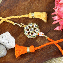 Load image into Gallery viewer, Kundan Stone Fancy Tassel Rakhi in Greeting Card with Roli Chawal
