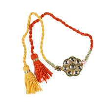 Load image into Gallery viewer, Kundan Stone Fancy Tassel Rakhi in Greeting Card with Roli Chawal
