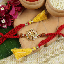 Load image into Gallery viewer, American Diamond Om Ganesh Trishul Rakhi in Greeting Card with Roli Chawal
