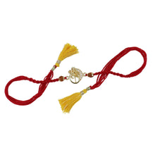 Load image into Gallery viewer, American Diamond Om Ganesh Trishul Rakhi in Greeting Card with Roli Chawal
