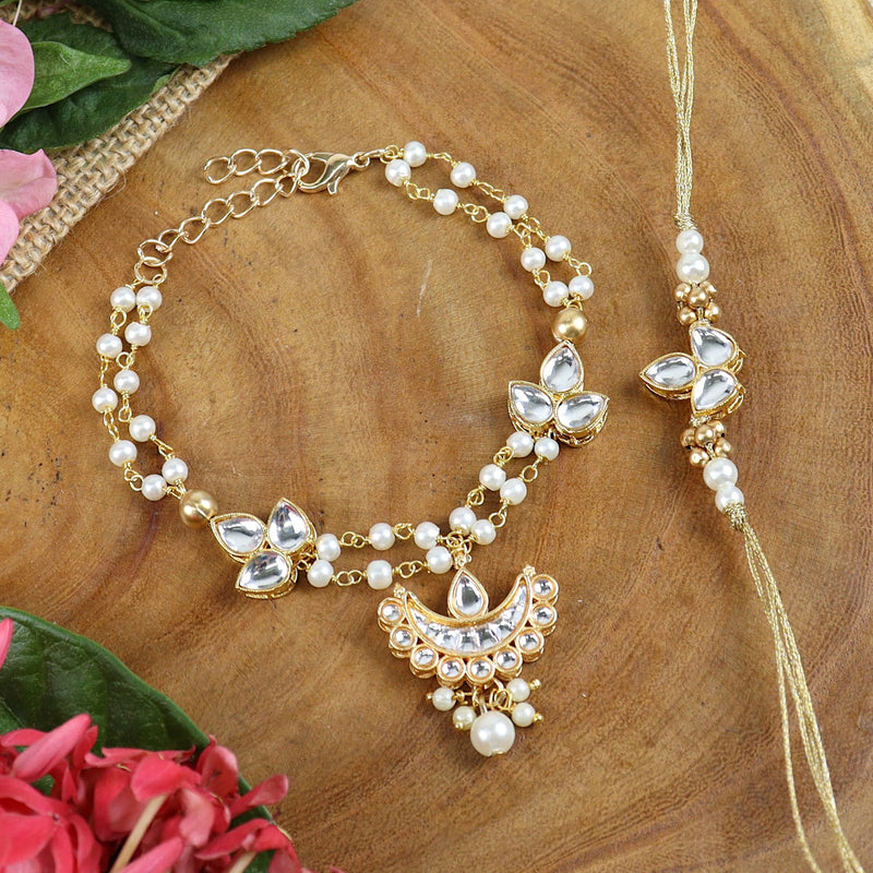 White Kundan Rakhi and Bracelet Bhaiya Bhabhi Rakhi Pair