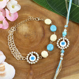 Evil eye With Pearl Ring and stone Bracelet Bhaiya Bhabhi Rakhi Pair