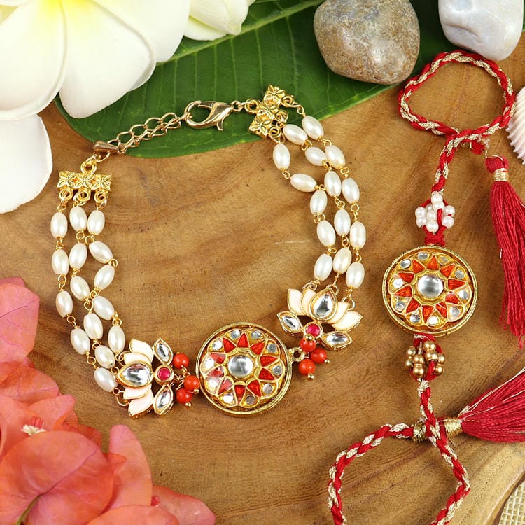 Kundan Handpainted Lac Stone Bracelet & Rakhi Set Packed In Fancy Happy Raksha Bandhan Box