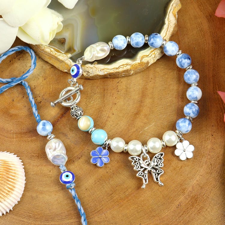 Evil Eye Bracelet & Rakhi Set in Fancy Happy Raksha Bandhan Box [Butterfly Charm]