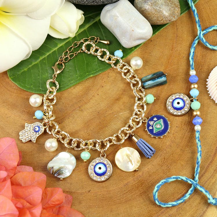 Evil Eye Bracelet & Rakhi Set in Fancy Happy Raksha Bandhan Box [Mother of Pearl]
