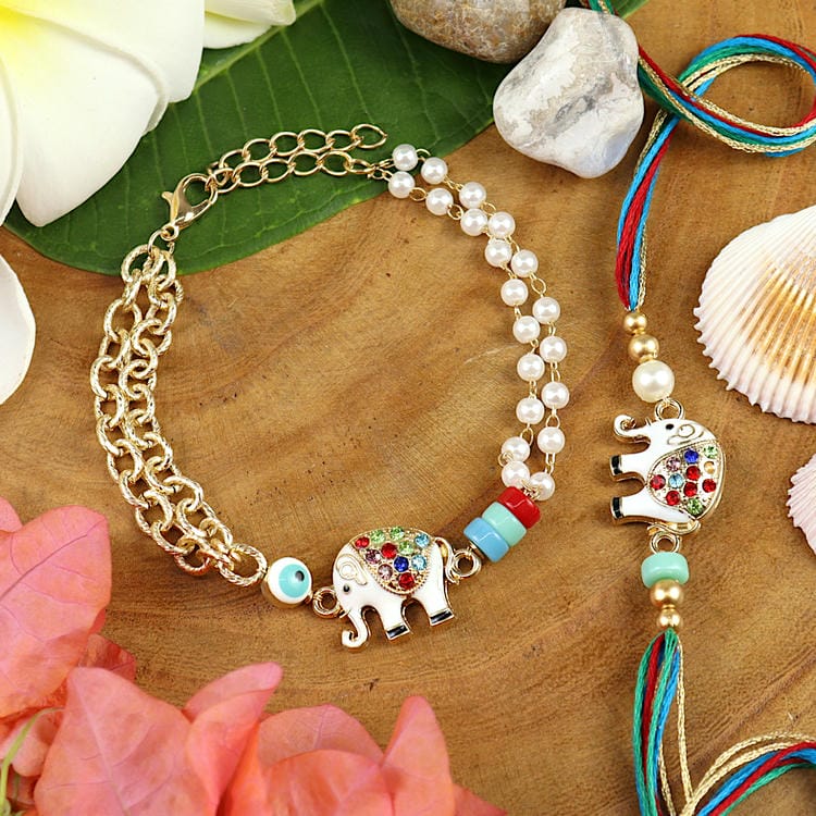 Diamond Stone Elephant Charm Bracelet & Rakhi Set for Bhaiya Bhabhi