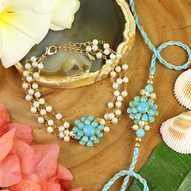 Pachi Stone Floral Bracelet & Rakhi Set for Bhaiya Bhabhi