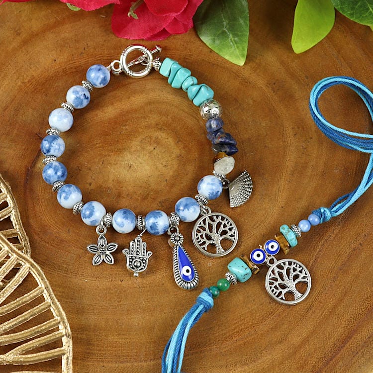 Evil Eye Tree of Life Bracelet & Rakhi Set for Bhaiya Bhabhi [Beaded with Charms]