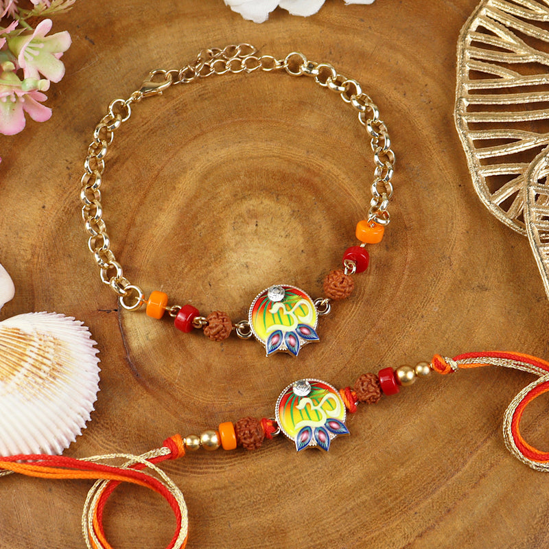 Om Charm bracelet and Rakhi laid flat — Bhai Bhabhi Rakhi set