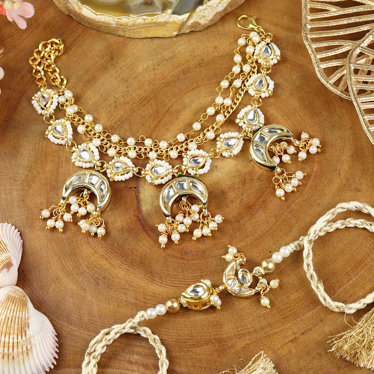 Kundan Moti bracelet and Rakhi laid flat — Bhai Bhabhi Rakhi set
