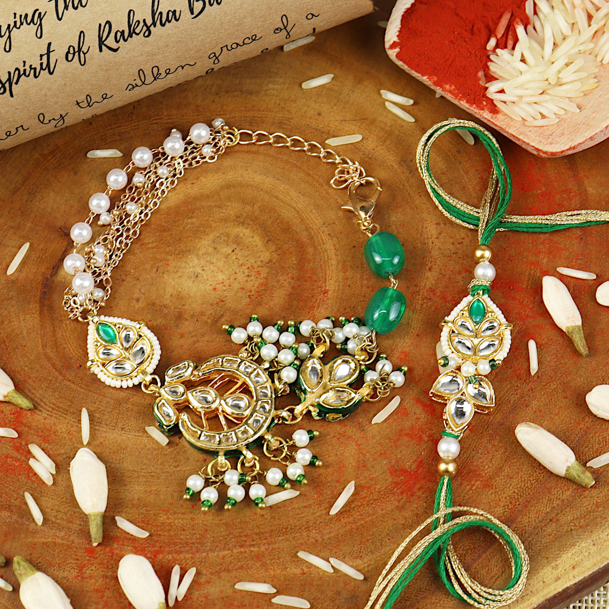 Kundan bracelet and Rakhi laid flat — Bhai Bhabhi Rakhi set