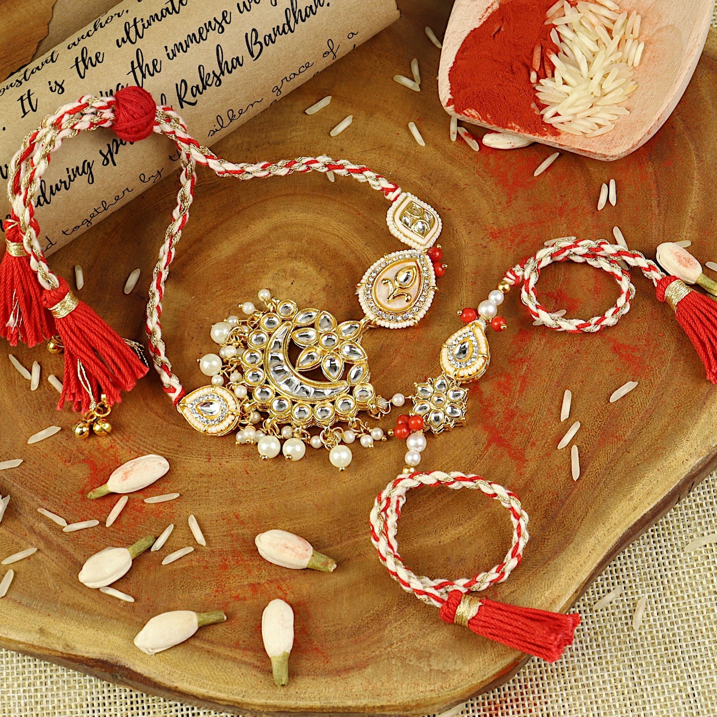 Kundan Chandbali bracelet and Rakhi laid flat — Bhai Bhabhi Rakhi set