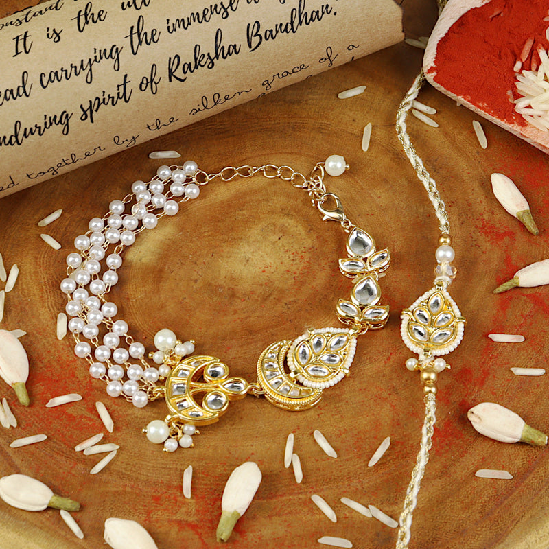 Kundan bracelet and Rakhi laid flat — Bhai Bhabhi Rakhi set