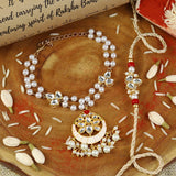 Kundan Chandbali bracelet and Rakhi laid flat — Bhai Bhabhi Rakhi set