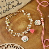 Pearls Floral Charm bracelet and Rakhi laid flat — Bhai Bhabhi Rakhi set