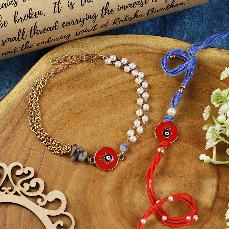 Hamsa Evil Eye bracelet and Rakhi laid flat — Bhai Bhabhi Rakhi set