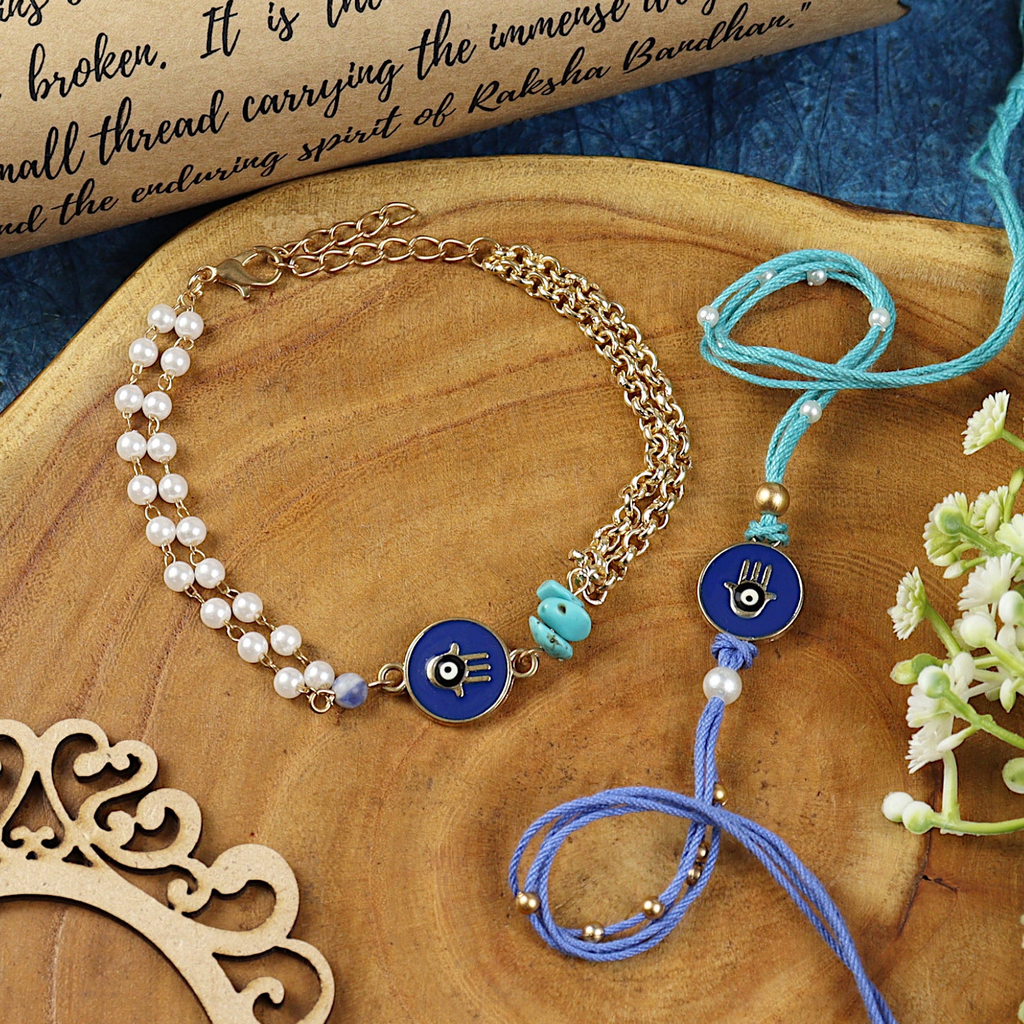 Hamsa Evil Eye bracelet and Rakhi laid flat — Bhai Bhabhi Rakhi set