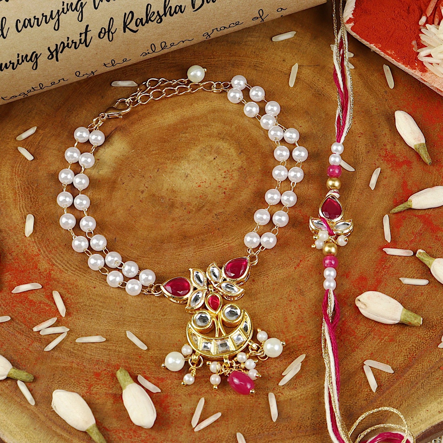 Kundan bracelet and Rakhi laid flat — Bhai Bhabhi Rakhi set