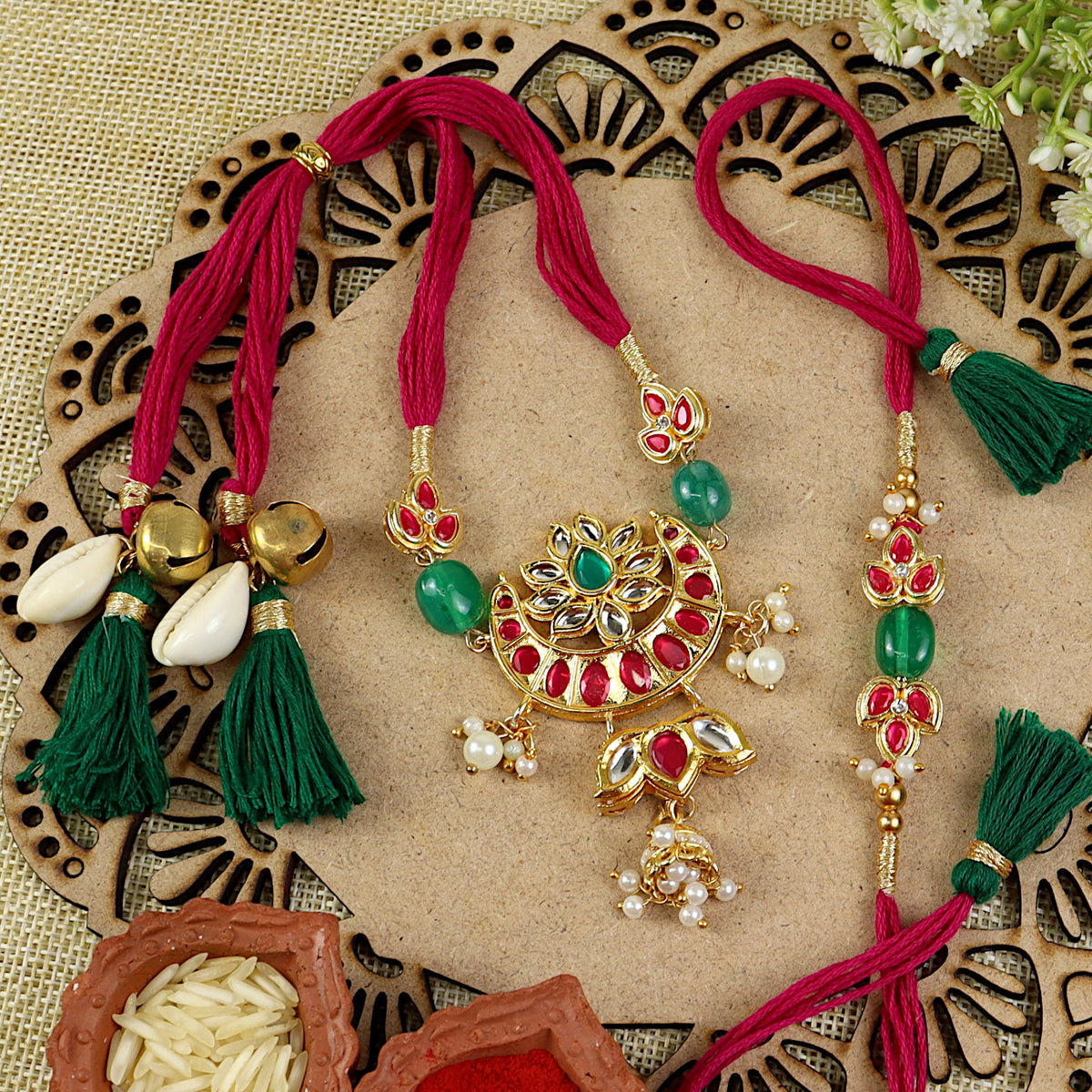 Kundan bracelet and Rakhi laid flat — Bhai Bhabhi Rakhi set