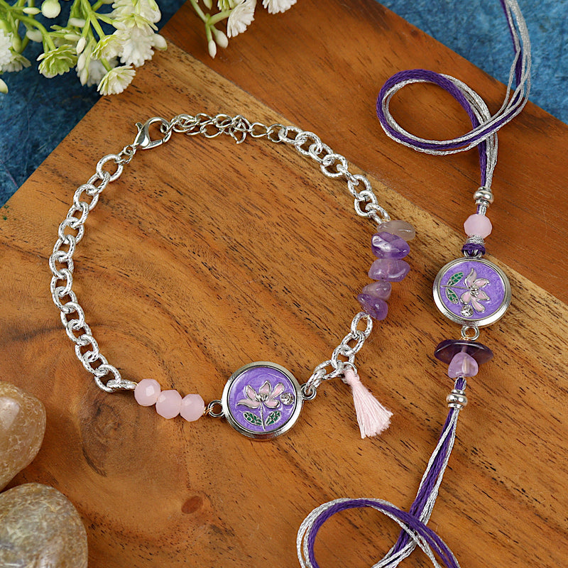 Floral Charm bracelet and Rakhi laid flat — Bhai Bhabhi Rakhi set