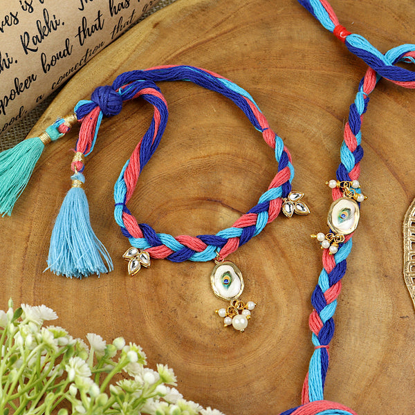 Peacock Fancy Tassel bracelet and Rakhi laid flat — Bhai Bhabhi Rakhi set