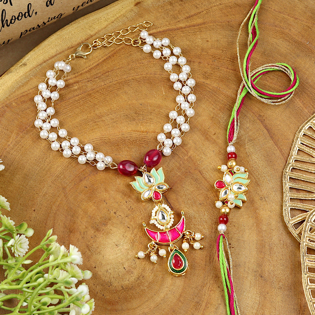Kundan Mina bracelet and Rakhi laid flat — Bhai Bhabhi Rakhi set