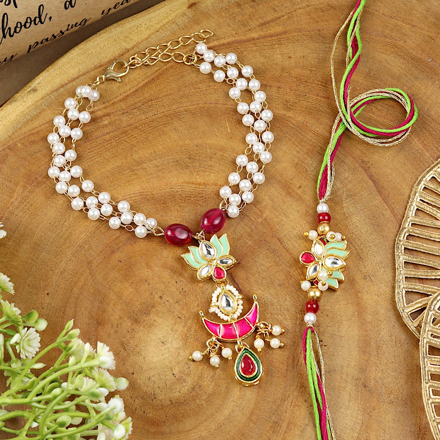 Kundan Mina bracelet and Rakhi laid flat — Bhai Bhabhi Rakhi set