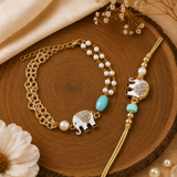 Diamond Stone Elephant Charm Bhaiya Bhabhi Rakhi & Bracelet Set