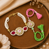 Meena Kundan Stone Bhaiya Bhabhi Rakhi & Bracelet Set - Green & Pink