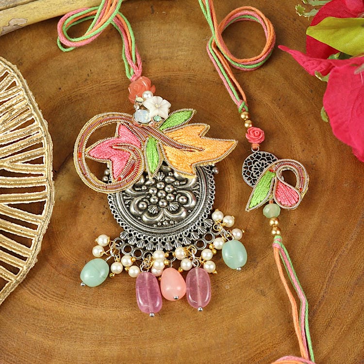 Embroidered Butti Oxidized Pendant Bhaiya Bhabhi Rakhi Pair [EMB25-015]