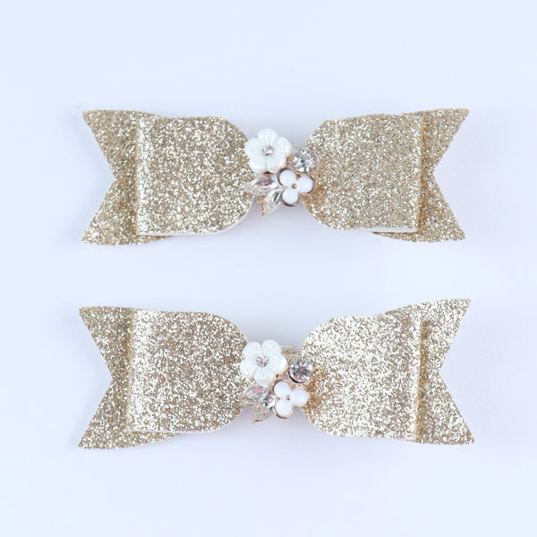 Floral Charm Glitter Hair Clips [Set of 2] - Gold