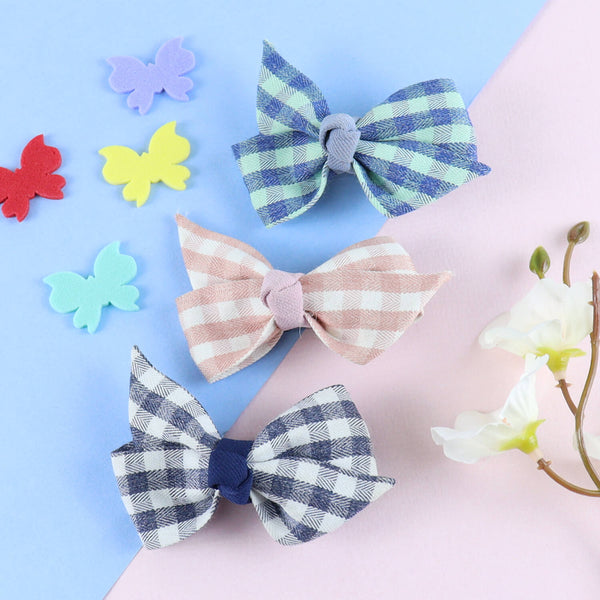 Fabric Bow Hair Clips - Set of 3 - Green Blue Pink