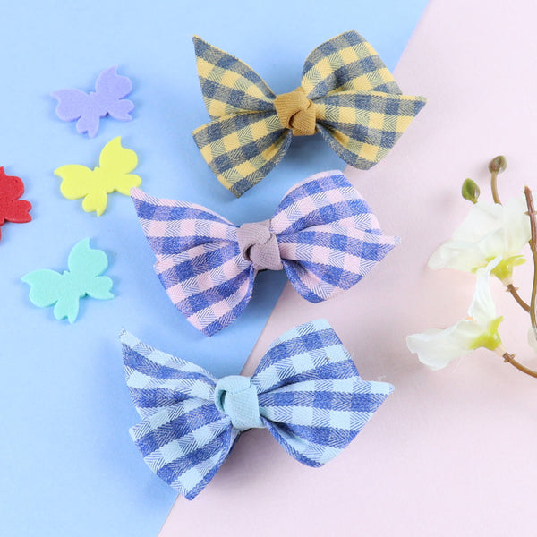 Fabric Bow Hair Clips - Set of 3 - Yellow Blue Pink