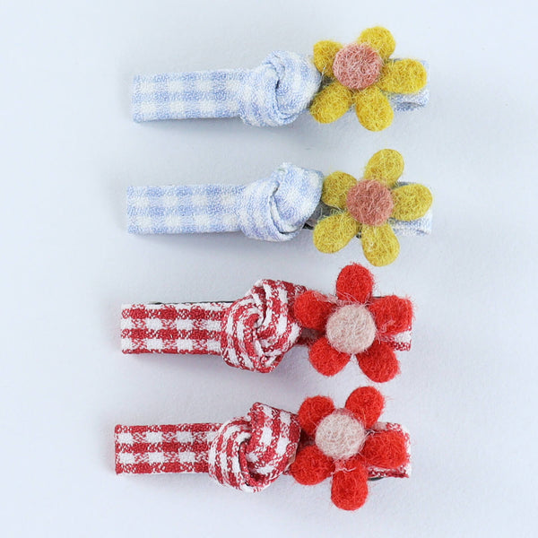 Floral Hair Clips - Set of 4 - Red Blue