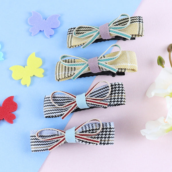 Chequered Fabric Bow Hair Clips - Set of 4 - Yellow Black