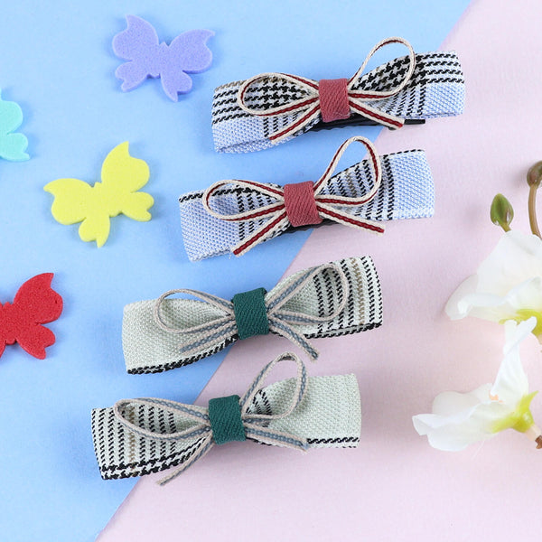 Chequered Fabric Bow Hair Clips - Set of 4 - Blue Green