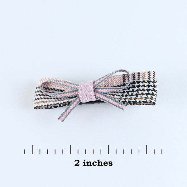 Chequered Fabric Bow Hair Clips - Set of 4 - Pink Green
