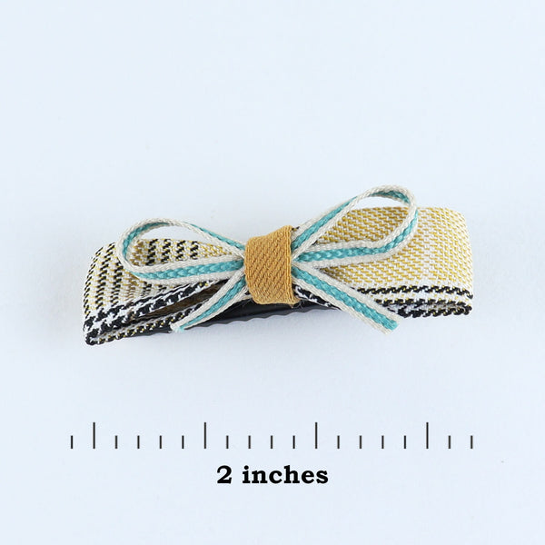 Chequered Fabric Bow Hair Clips - Set of 4 - Blue Yellow