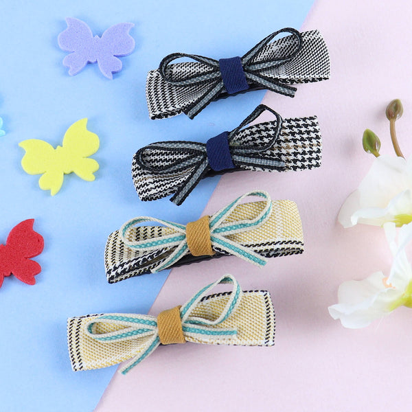 Chequered Fabric Bow Hair Clips - Set of 4 - Blue Yellow