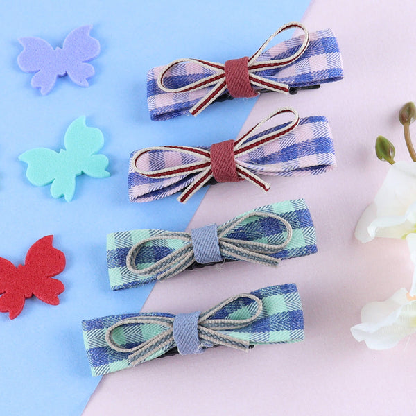 Chequered Fabric Bow Hair Clips - Set of 4 - Pink Green