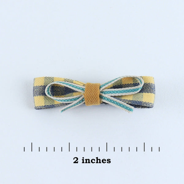 Chequered Fabric Bow Hair Clips - Set of 4 - Green Yellow