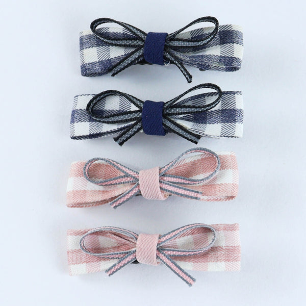 Chequered Fabric Bow Hair Clips - Set of 4 - Blue Pink