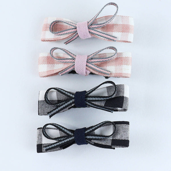 Chequered Fabric Bow Hair Clips - Set of 4 - Pink Black