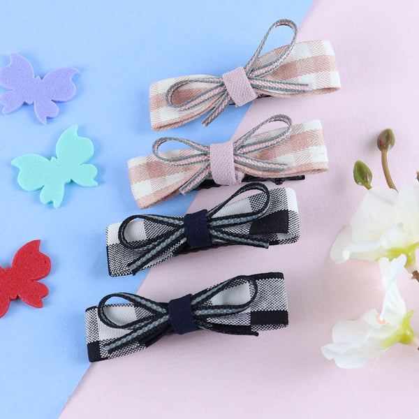 Chequered Fabric Bow Hair Clips - Set of 4 - Pink Black