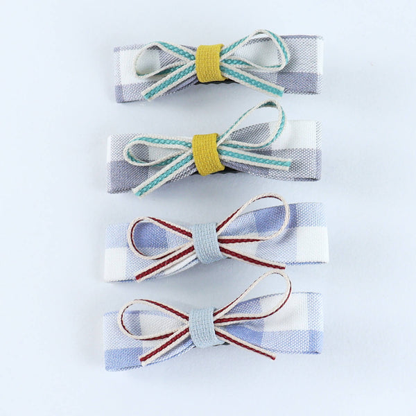 Chequered Fabric Bow Hair Clips - Set of 4 - Blue