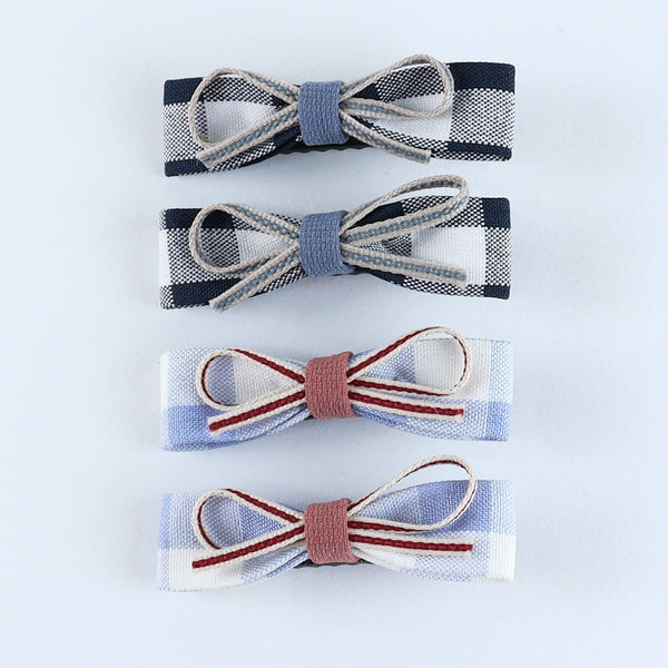Chequered Fabric Bow Hair Clips - Set of 4 - Black Blue