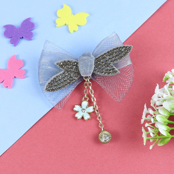 Bow Hair Clip with Hanging Charms - Grey