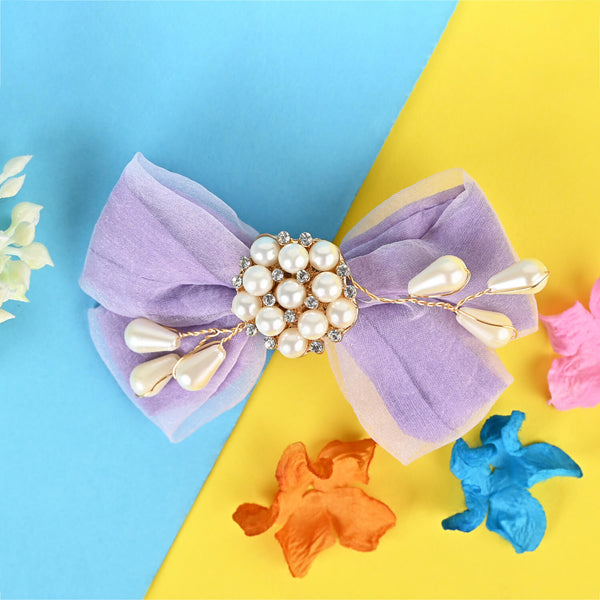 Floral Charm Bow Hair Clip - Purple